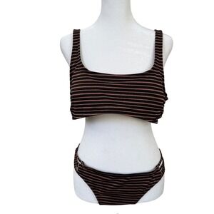 Xhilaration Striped Bikini Set L/XL Black Bronze Scoop Neck Swim Suit Beach Pool